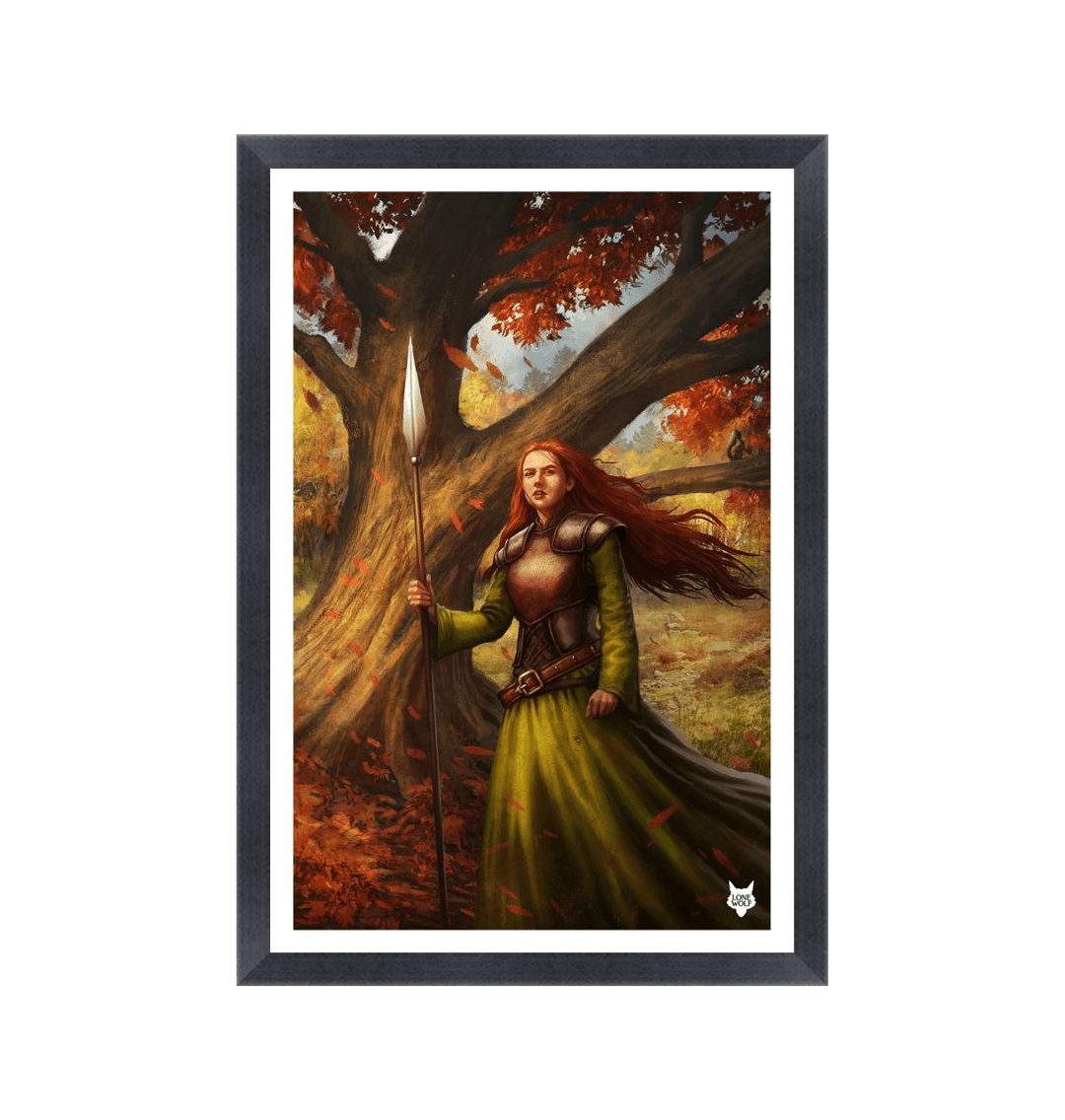 Black Frame Lone Wolf: Autumn Snow - The Pit of Darkness Framed Art Print